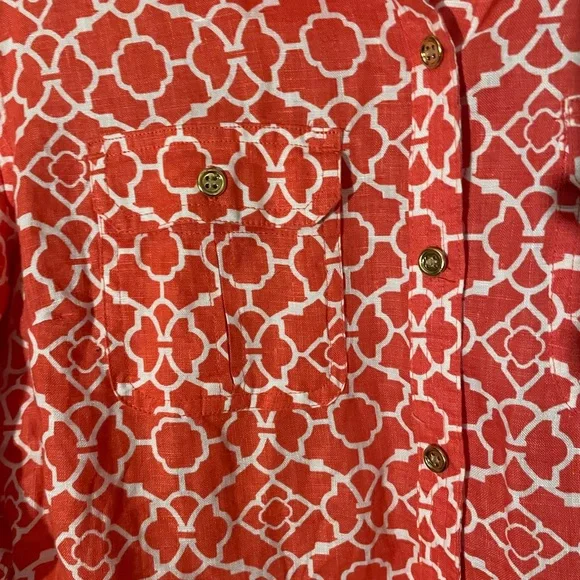 Charter Club 100% LINEN Button Down Shirt Long Roll Tab Sleeve Orange & White - Picture 4 of 4